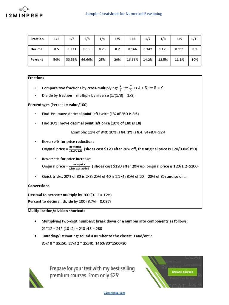 ASVAB Numerical Reasoning Cheatsheet | PDF