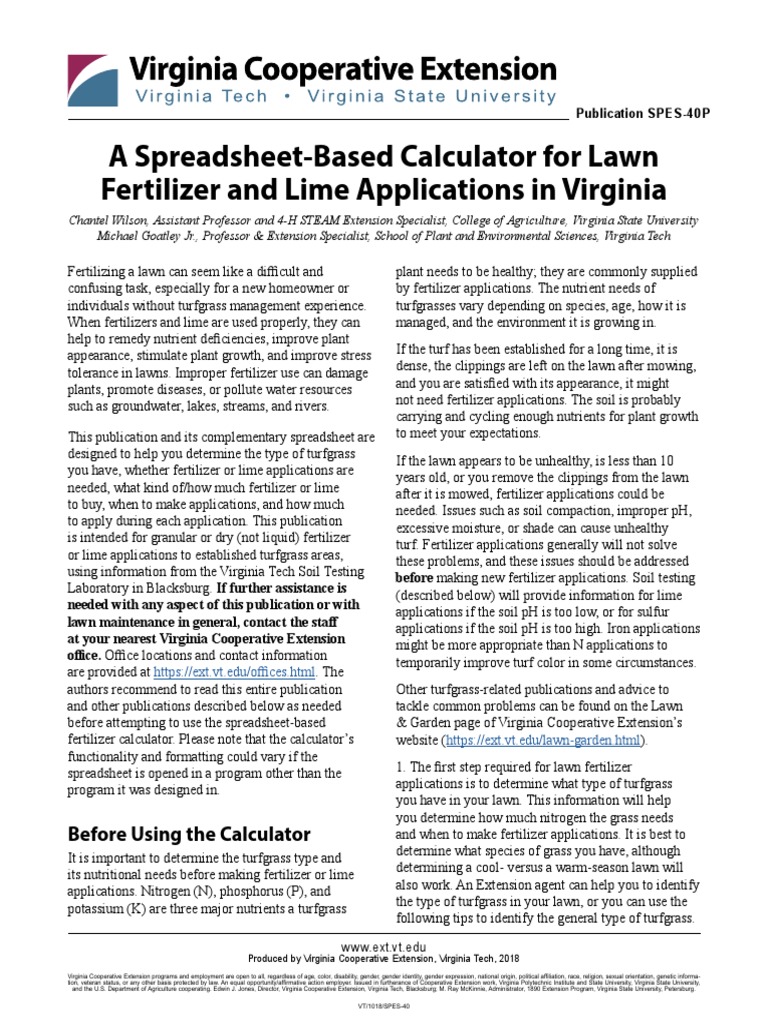 A SpreadsheetBased Calculator For Lawn Ferlitizer and Lime Applications in Virginia PDF
