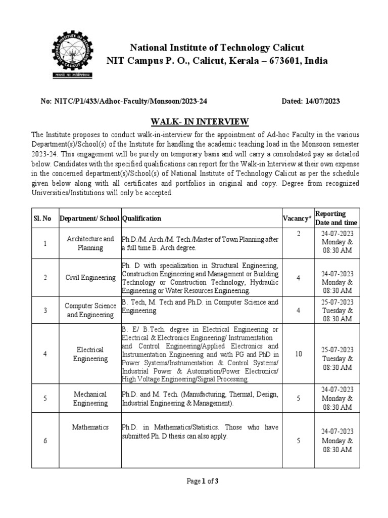 NIT Calicut Ad-hoc Faculty Recruitment 2023 | PDF | Doctor Of ...