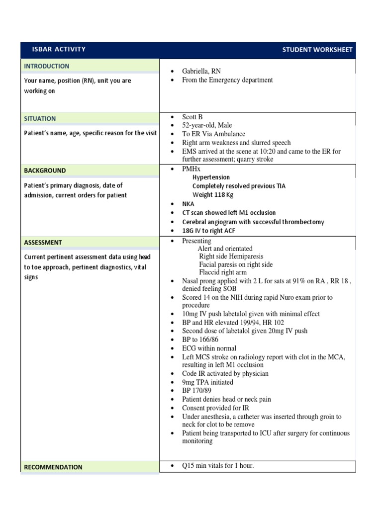 Stroke Protocol ISBAR Worksheet | PDF | Stroke | Angiology
