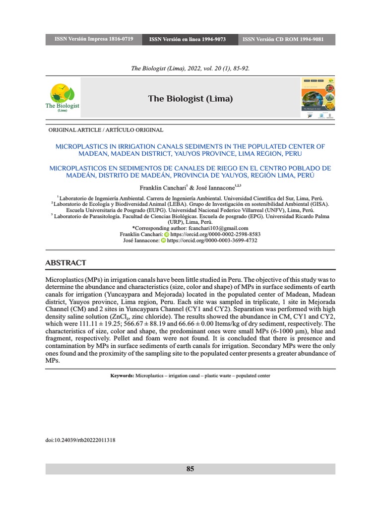 Microplasticos en Sedimentos de Canales de Riego en El Centro Poblado