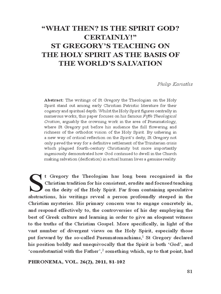 St. Gregory on the Holy Spirit's Divinity | PDF | God The Father | Trinity