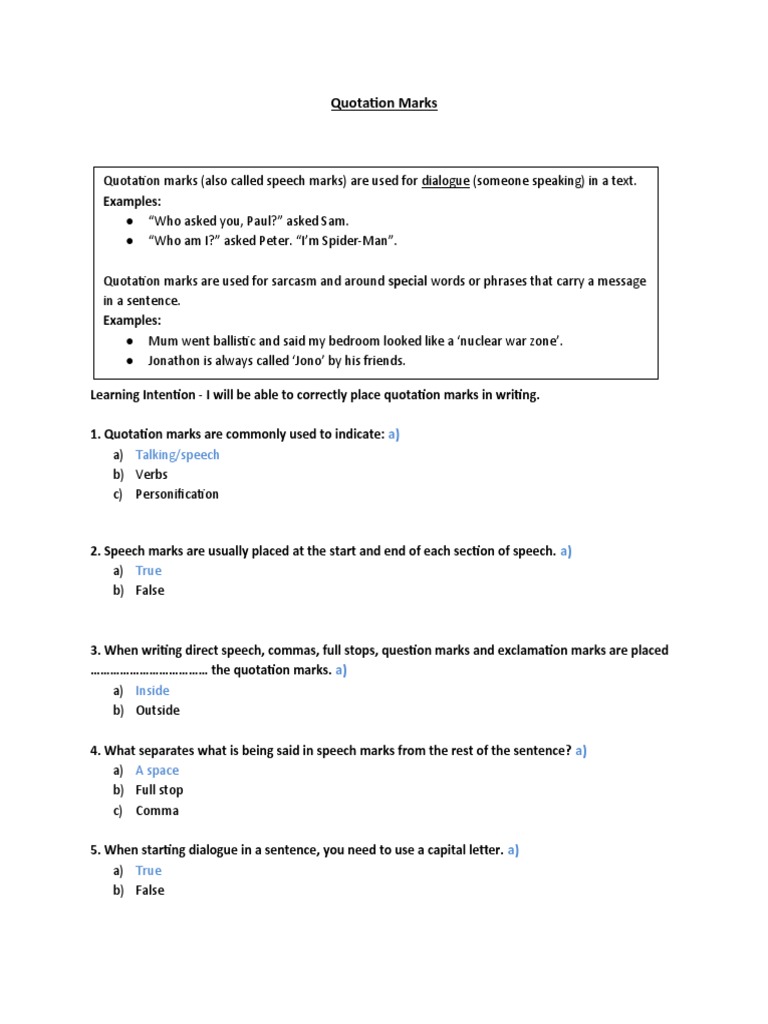 Quotation Marks Worksheet - Edited | PDF