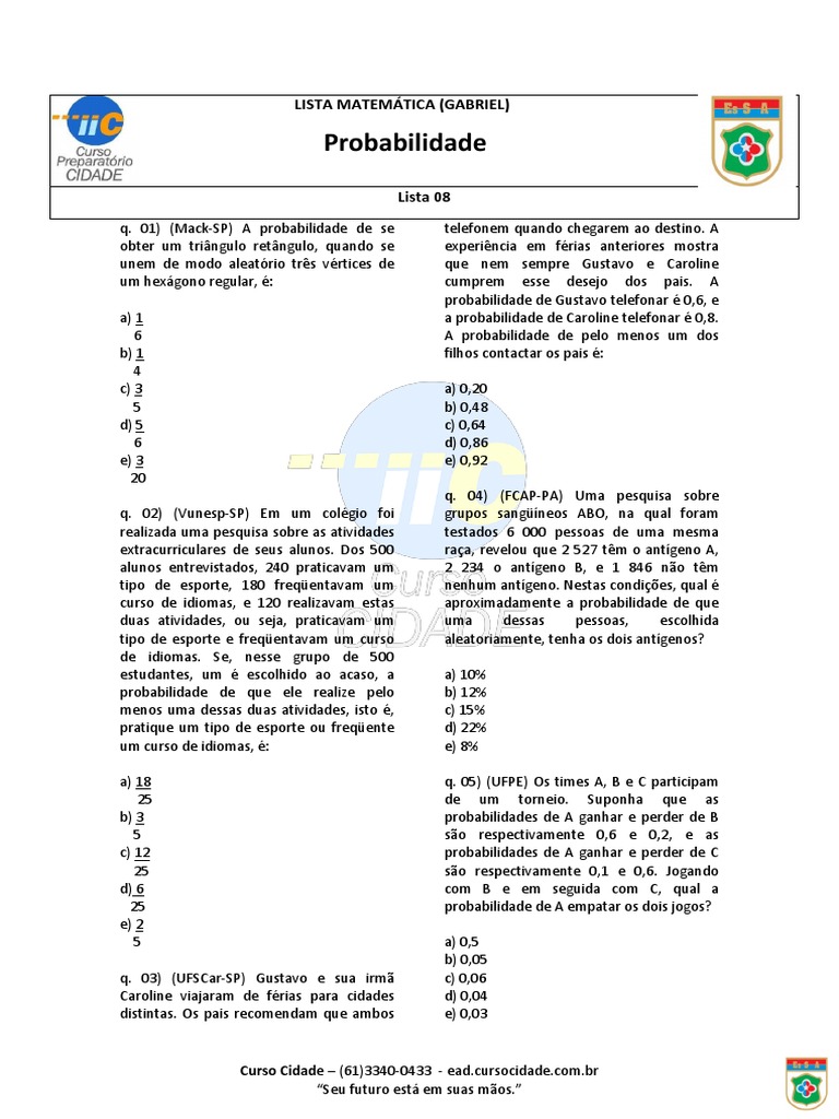 Questões de Probabilidade para Estudo | PDF | Probabilidade
