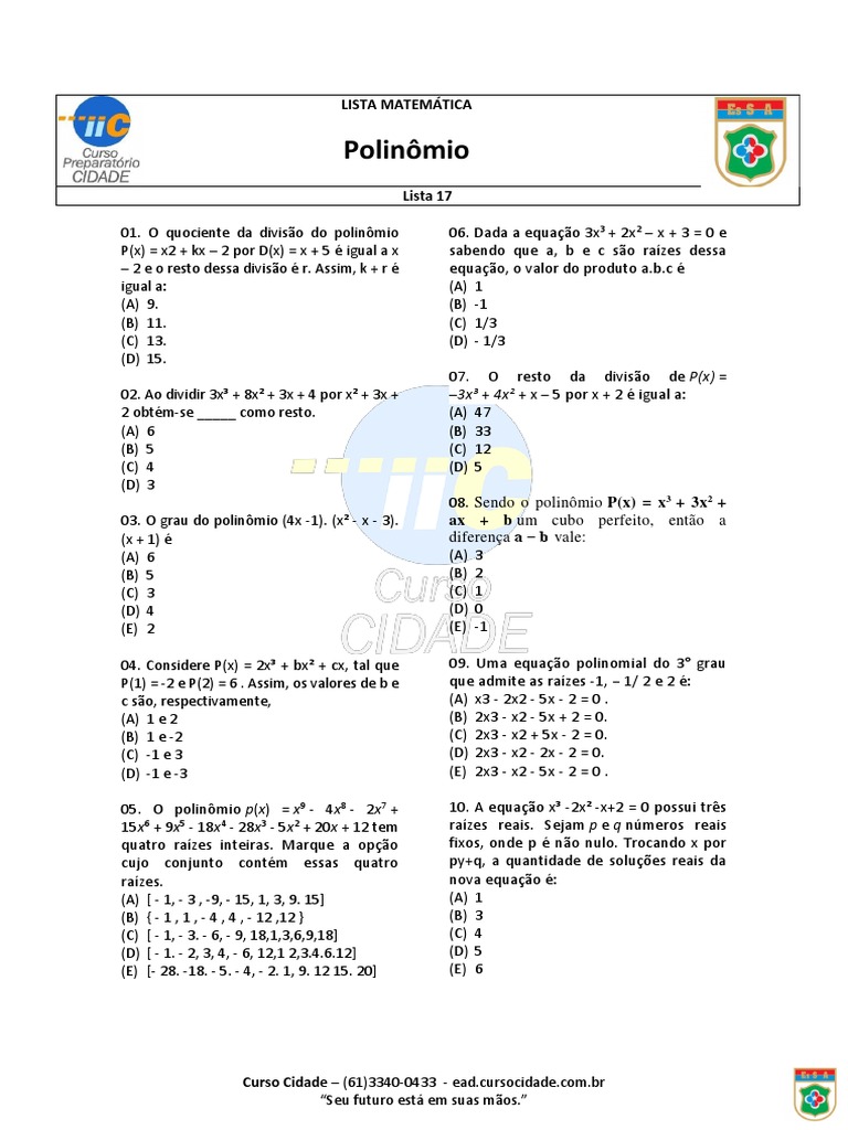 Lista de Exercícios sobre Polinômios | PDF | Equações | Relações ...