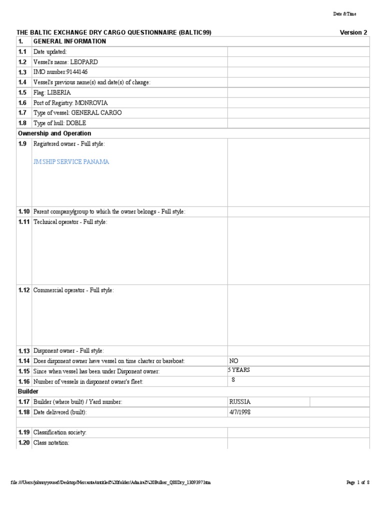 Baltic Exchange Dry Cargo Questionnaire | PDF | Tonnage | Crane (Machine)