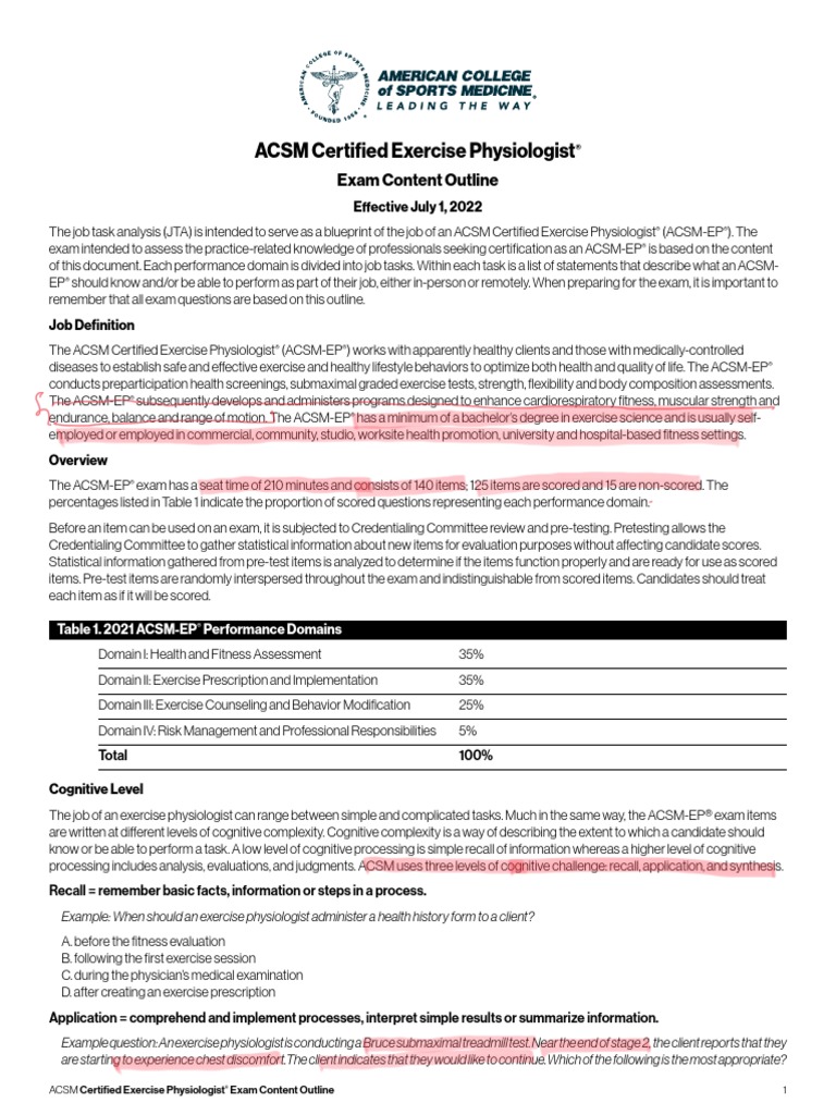 Acsm Certified Exercise Physiologist Exam Content Outline 2022 PDF