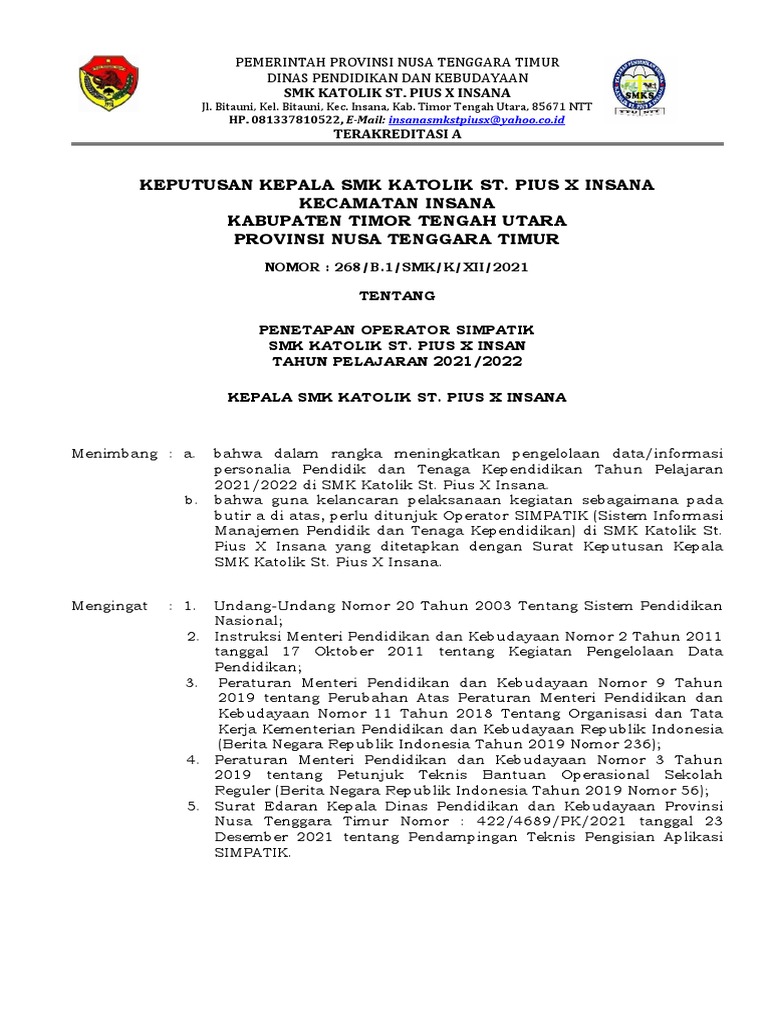 Penetapan Operator SIMPATIK SMK Pius X | PDF