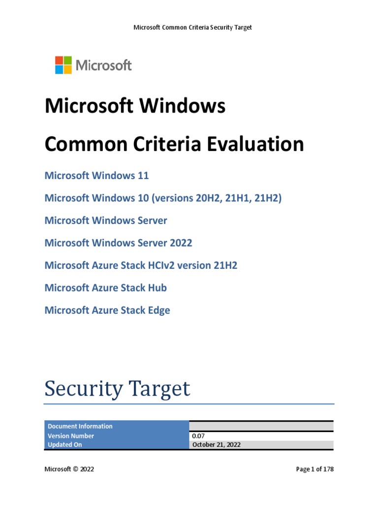 Microsoft Windows, Windows Server, Azure Stack Security Target 