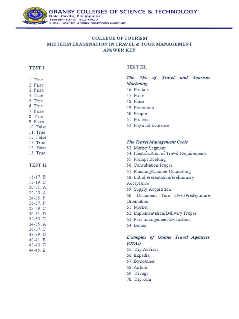 Travel Management Midterm Answer Key | PDF