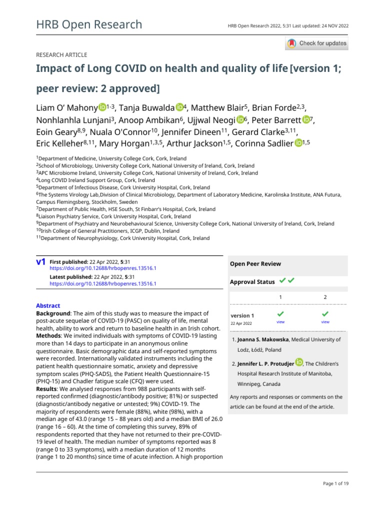 Impact of Long COVID On Health and Quality of Life | PDF | Chronic ...