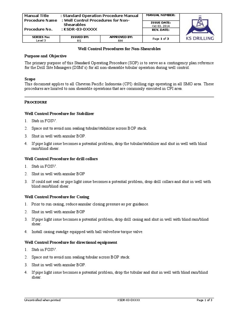 Non-Shearable Well Control Procedures | PDF