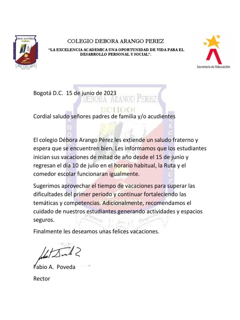 Circular Salida Y Regreso De Vacaciones Pdf