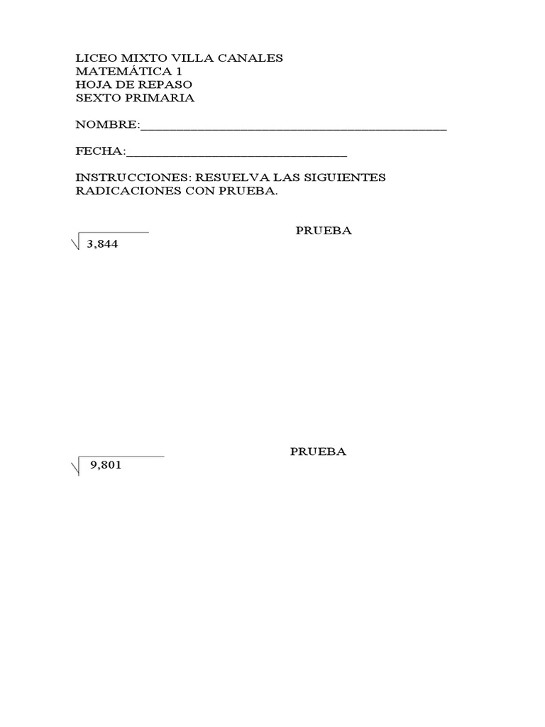 Hoja De Trabajo Raíz Cuadrada 1 Pdf