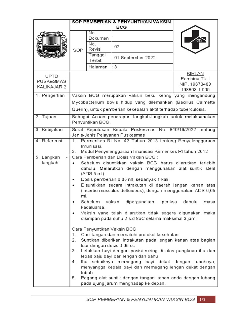 Sop Pemberian & Penyuntikan Vaksin BCG | PDF | Sains & Matematika