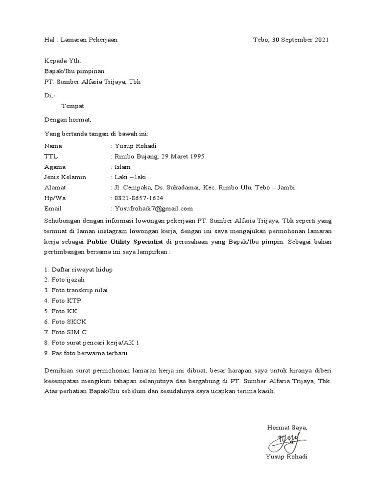 SURAT LAMARAN KERJA - PT. Sumber Alfaria Trijaya, TBK | PDF