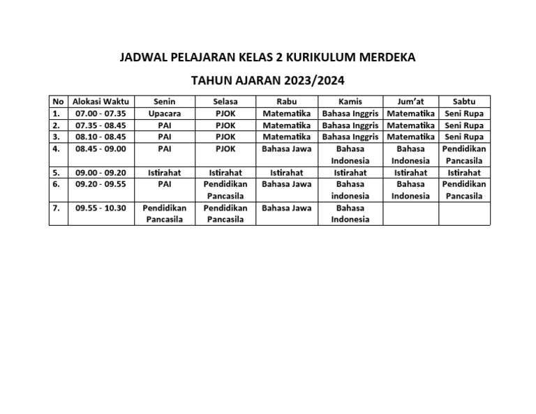 Jadwal Pelajaran Kurikulum Merdeka Kelas 2 | PDF