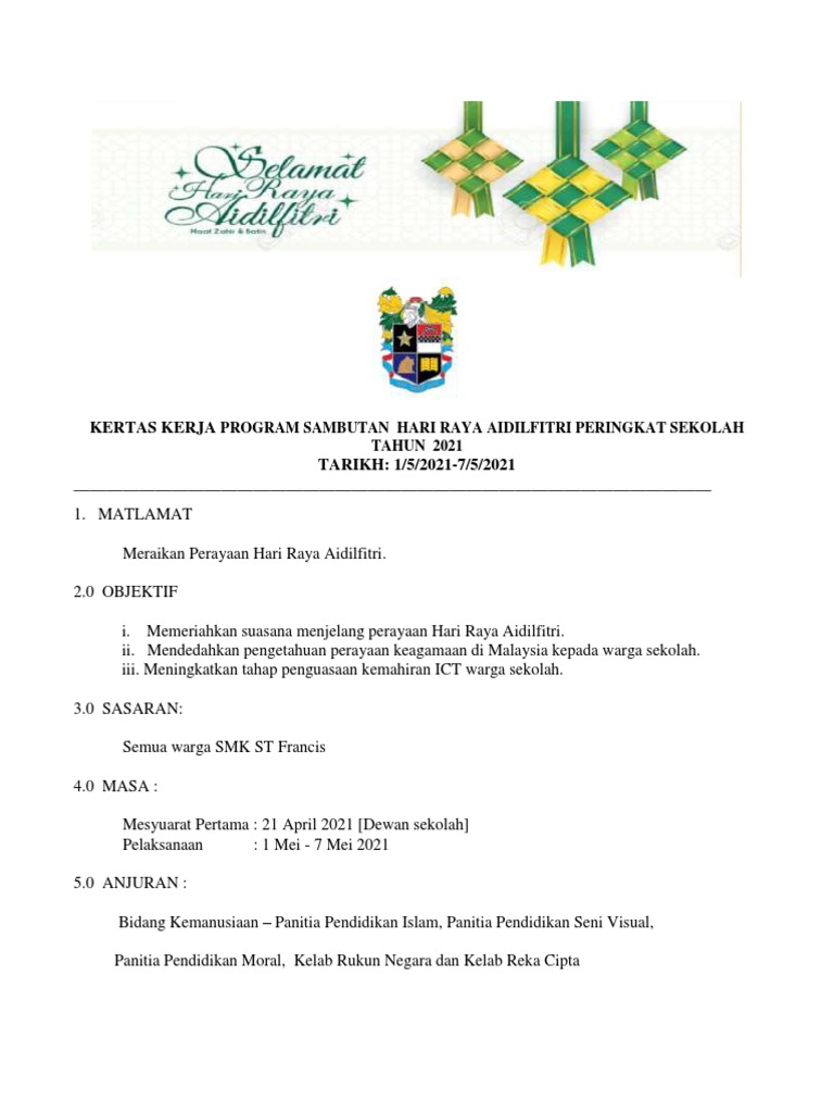 Kertas Kerja Program Sambutan Hari Raya Aidilfitri Peringkat Sekolah ...