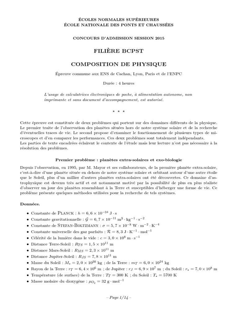 Sujet BCPST Phy15 PDF Étoiles Pouvoir de résolution