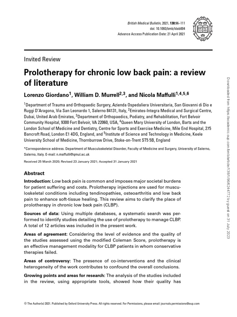Prolotherapy For Chronic Low Back Pain PDF Low Back Pain Clinical Medicine