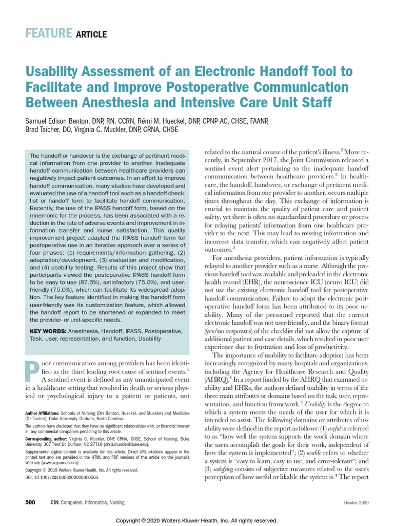 Usability Assessment of An Electronic Handoff Tool To Facilitate and ...