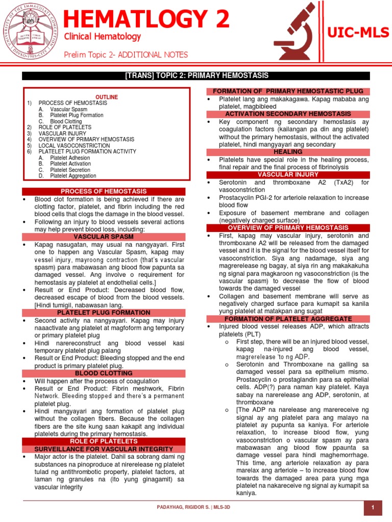 Hema 2 - Prelim Topic 2 - Additional Notes Primary Hemostasis | PDF ...