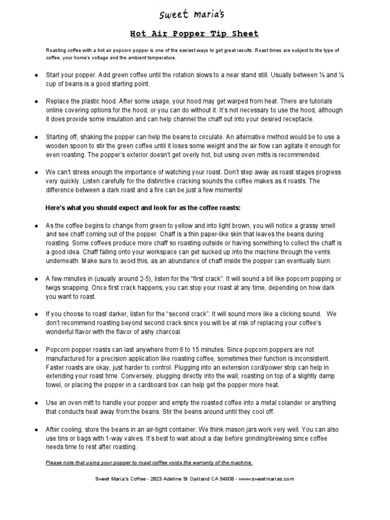 Hot Air Popper Tip Sheet 1 PDF Coffee