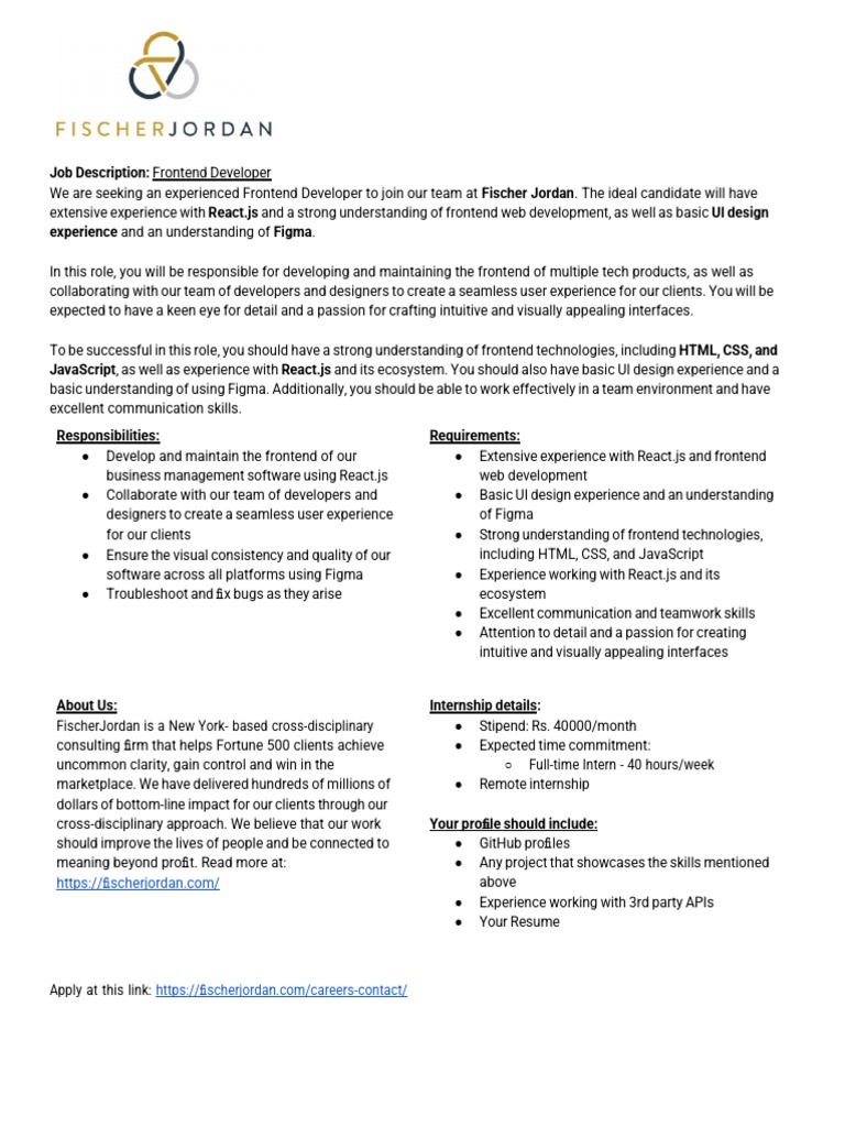 Frontend Developer Role at Fischer Jordan | PDF | User Interface ...