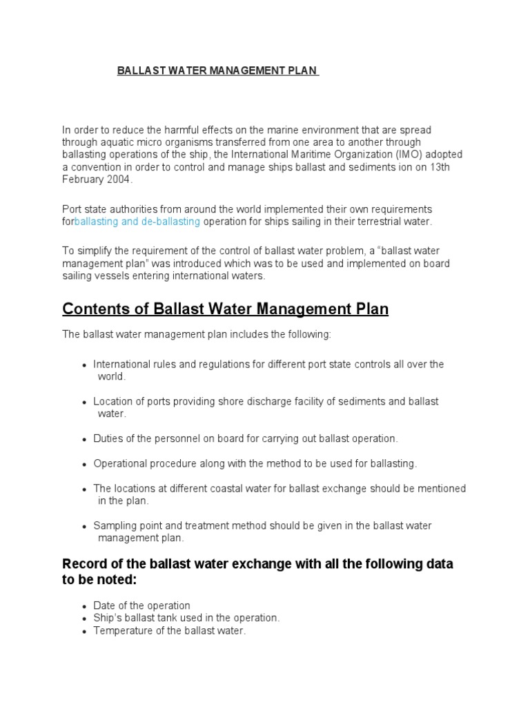 Ballast Water Management Plan PDF Water Ships