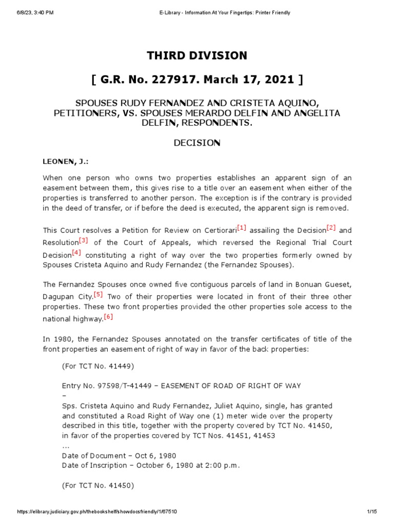 Fernandez Vs Delfin Easement of Right of Way Download Free PDF