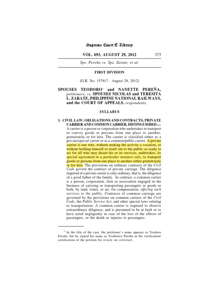 Commercial Law Private Carrier Vs Common Carrier Case PDF