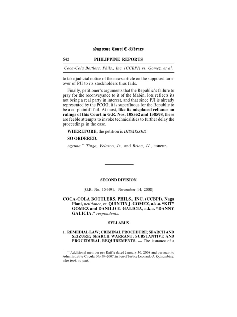 G r no 154491 coca cola bottlers vs gomez unfair competition pdf