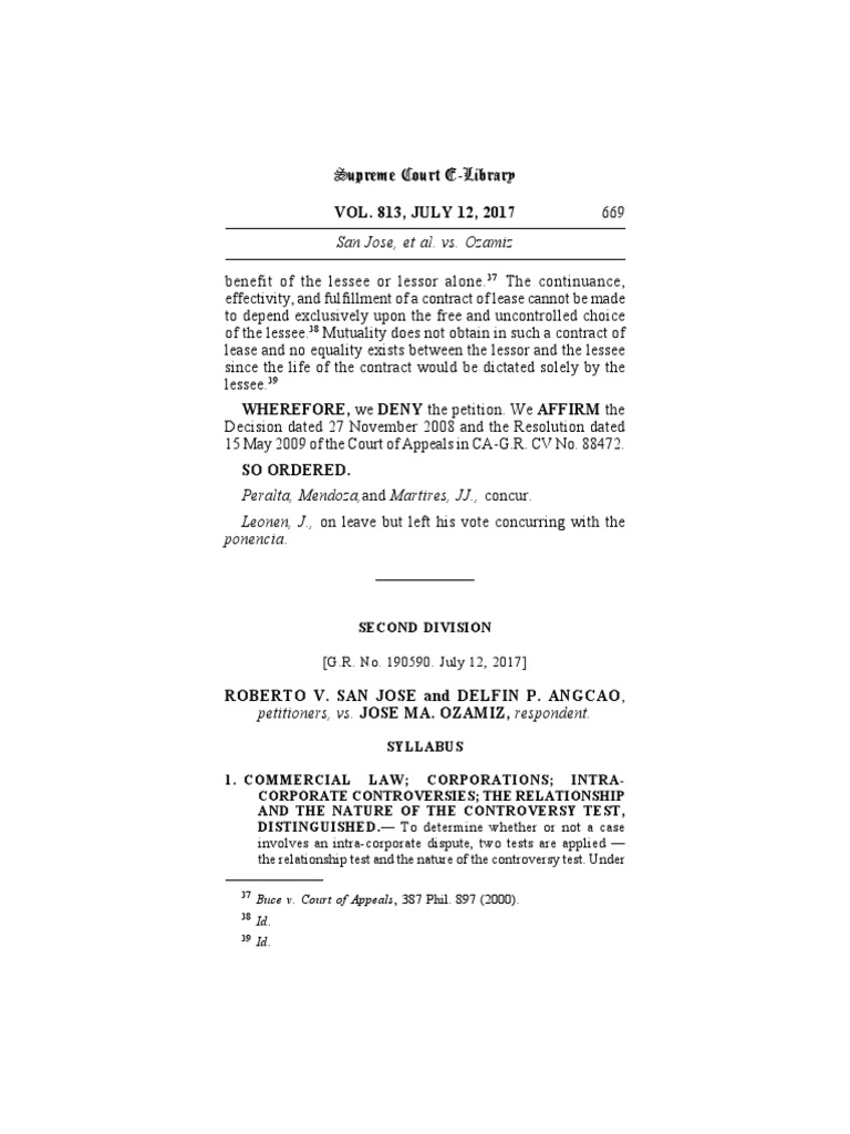 G r no 190590 san jose vs ma ozamis controversy test intracorporate