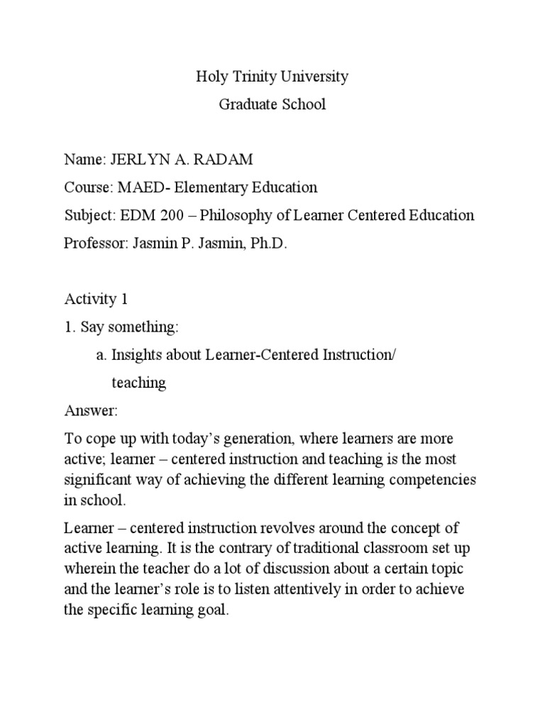Reflection On Learner Centered Education Pdf Learning Teachers