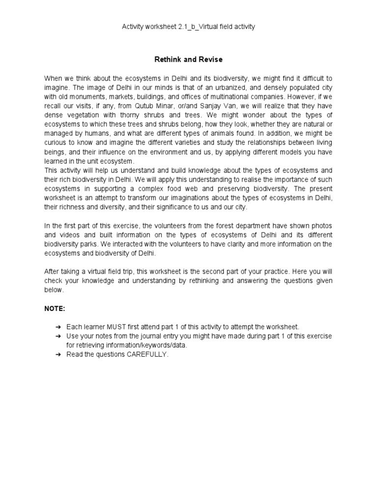 Activity Worksheet 2.1b. Field Activity PDF Agriculture Habitat