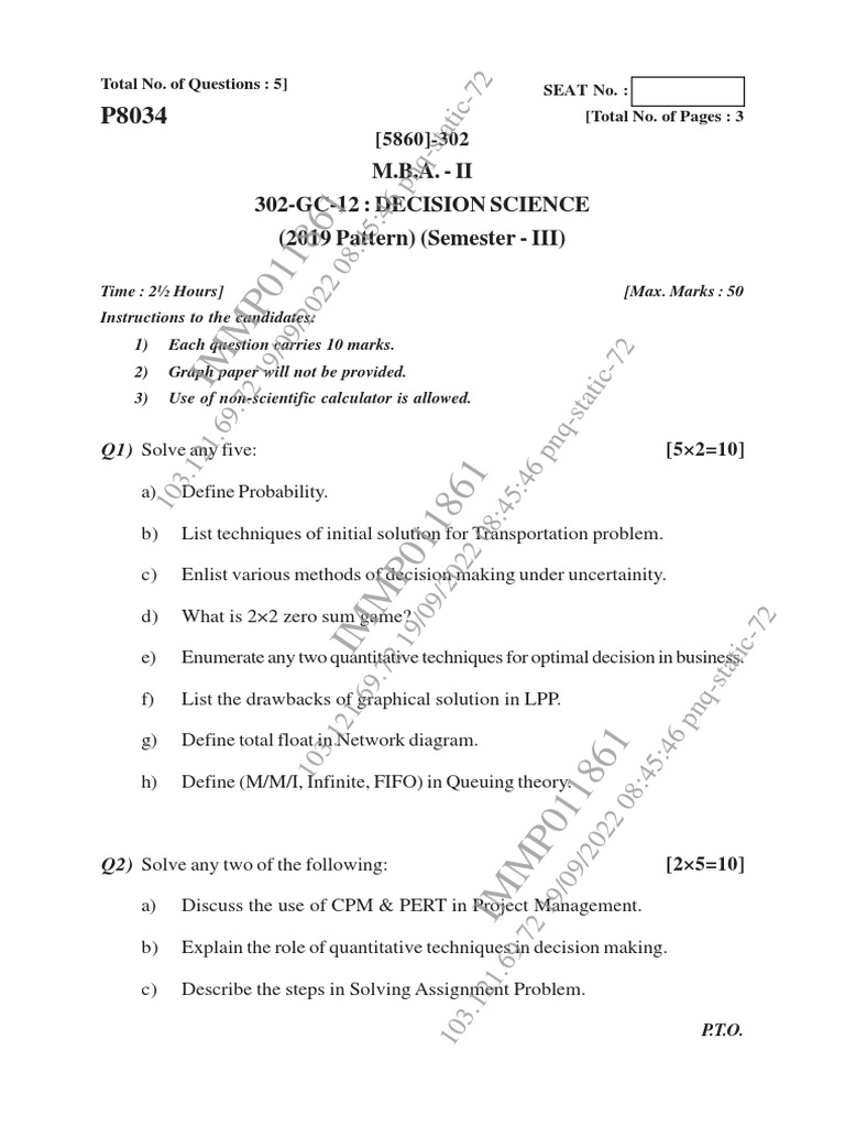 MBA Decision Science Exam Questions | PDF | Theoretical Computer ...