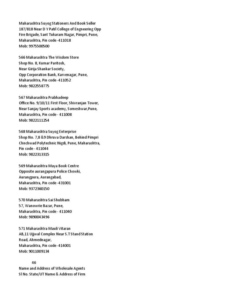 Name and Address of Wholesale Agents Maharashtra | PDF