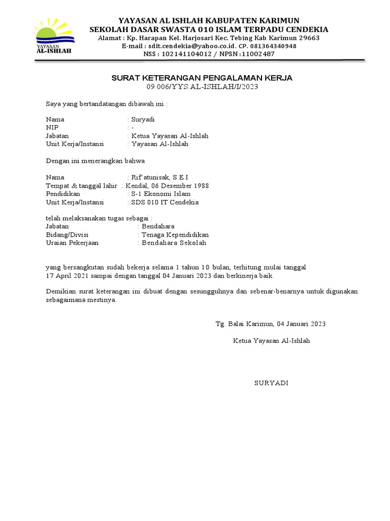 Surat Keterangan Pengalaman Kerja | PDF