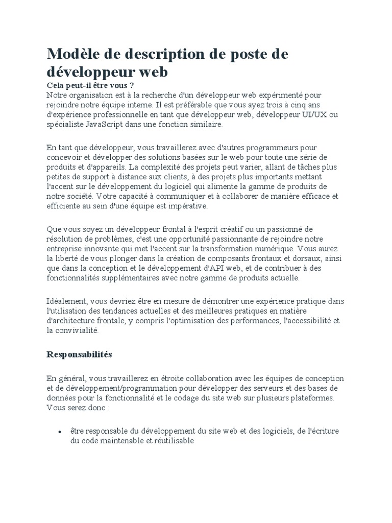 Modèle de fiche de poste développeur web | PDF | Internet | Internet et Web