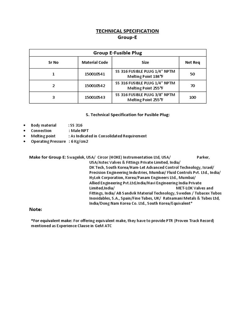 Fusible Plug Technical Specifications | PDF