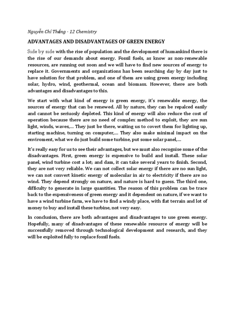 Advantages and Disadvantages of Green Energy | PDF