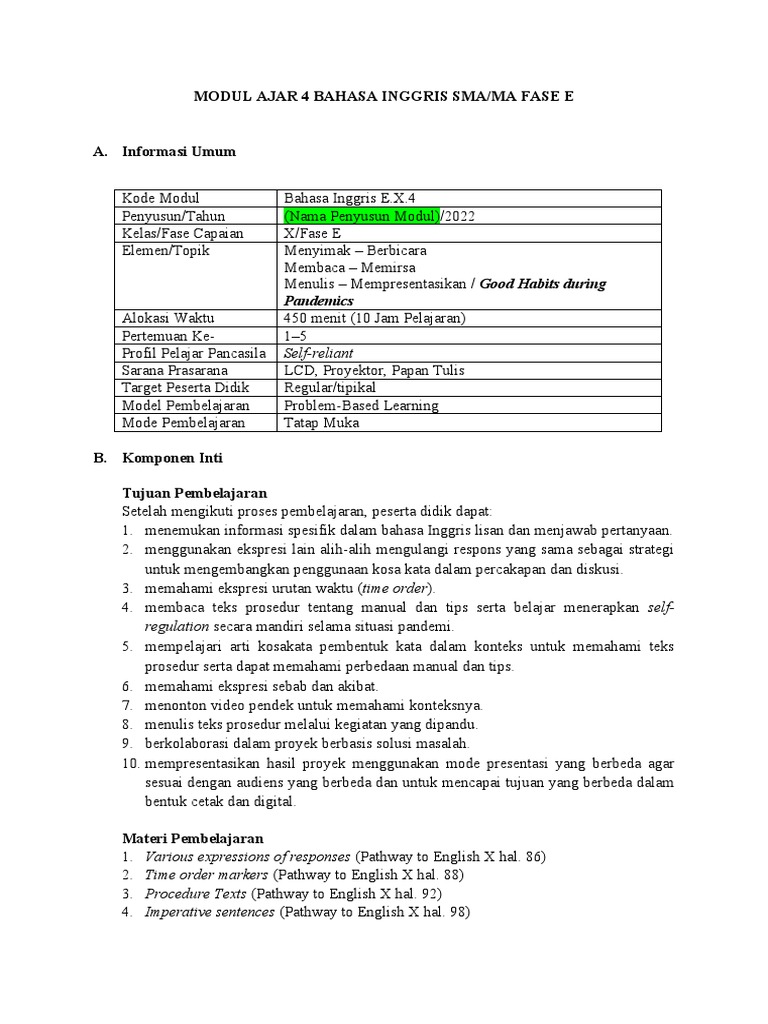 Modul Ajar Copy Of Unit 4 Modul Ajar Pathway To English Sma Grade X Pdf
