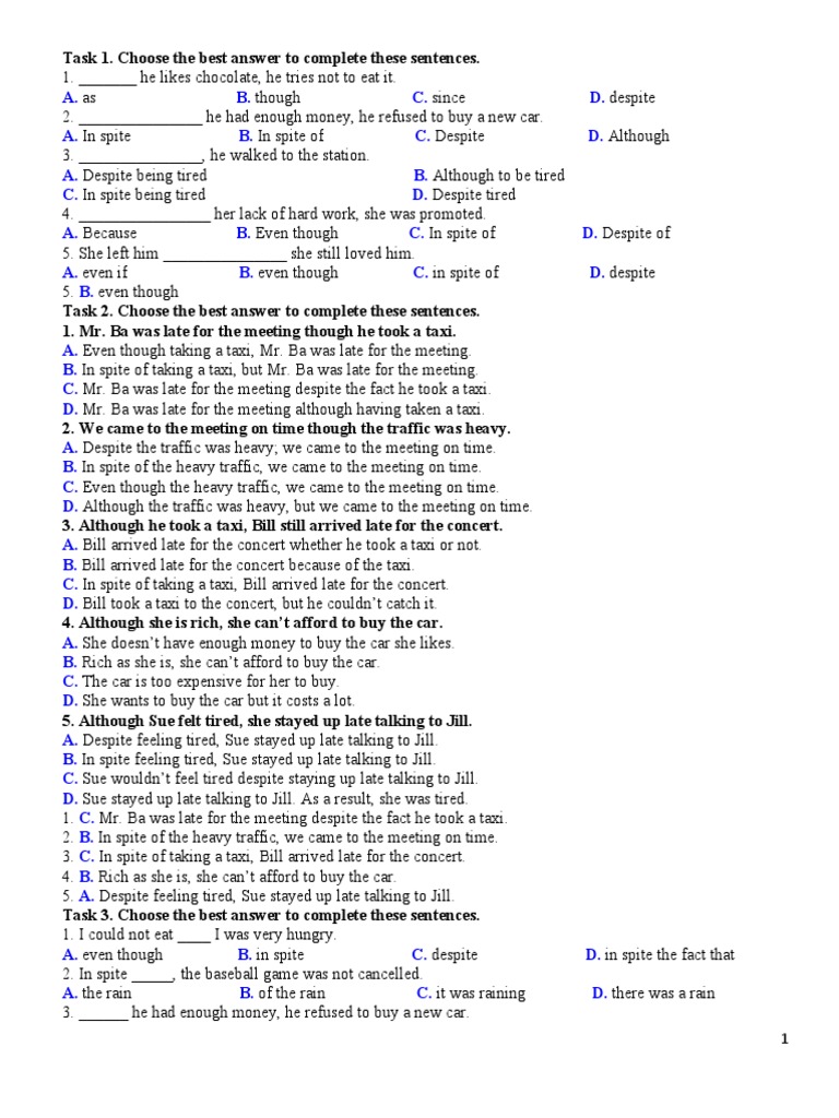 Although Though Despite Inspite of | PDF