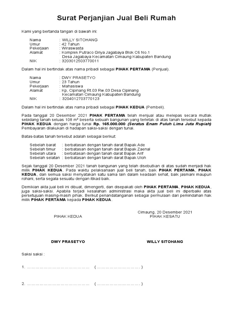 Surat Perjanjian Jual Beli Rumah | PDF