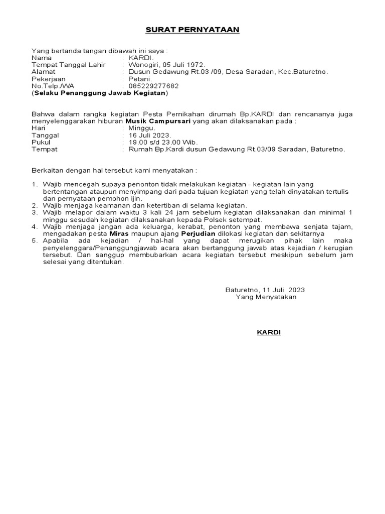 Surat Pernyataan Ijin Hajatan | PDF
