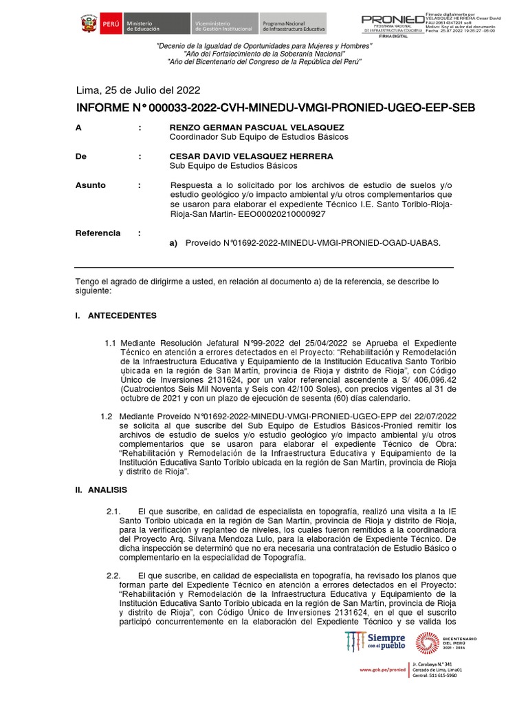 Informe 033-2022-Cvh-Minedu-Vmgi-Pronied-Ugeo-Eep-Seb | PDF