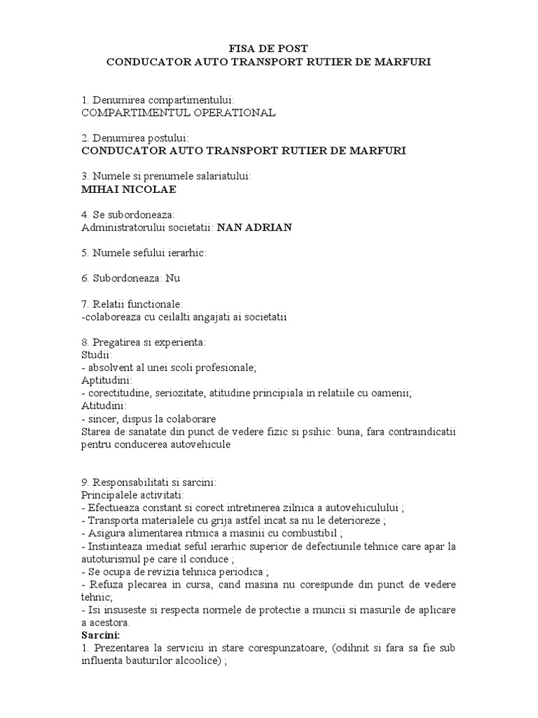 Arpian - FISA DE POST Conducator Auto | PDF