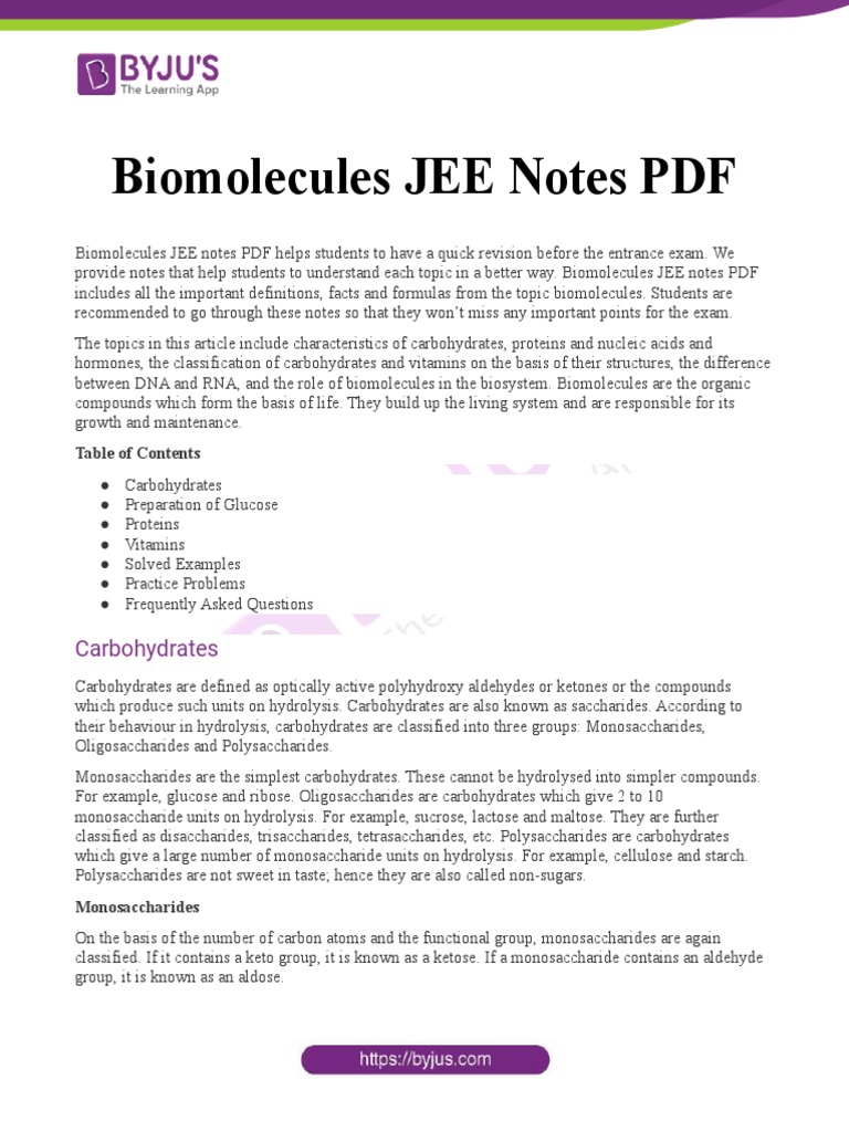 Biomolecules JEE Notes PDF PDF Carbohydrates Glucose