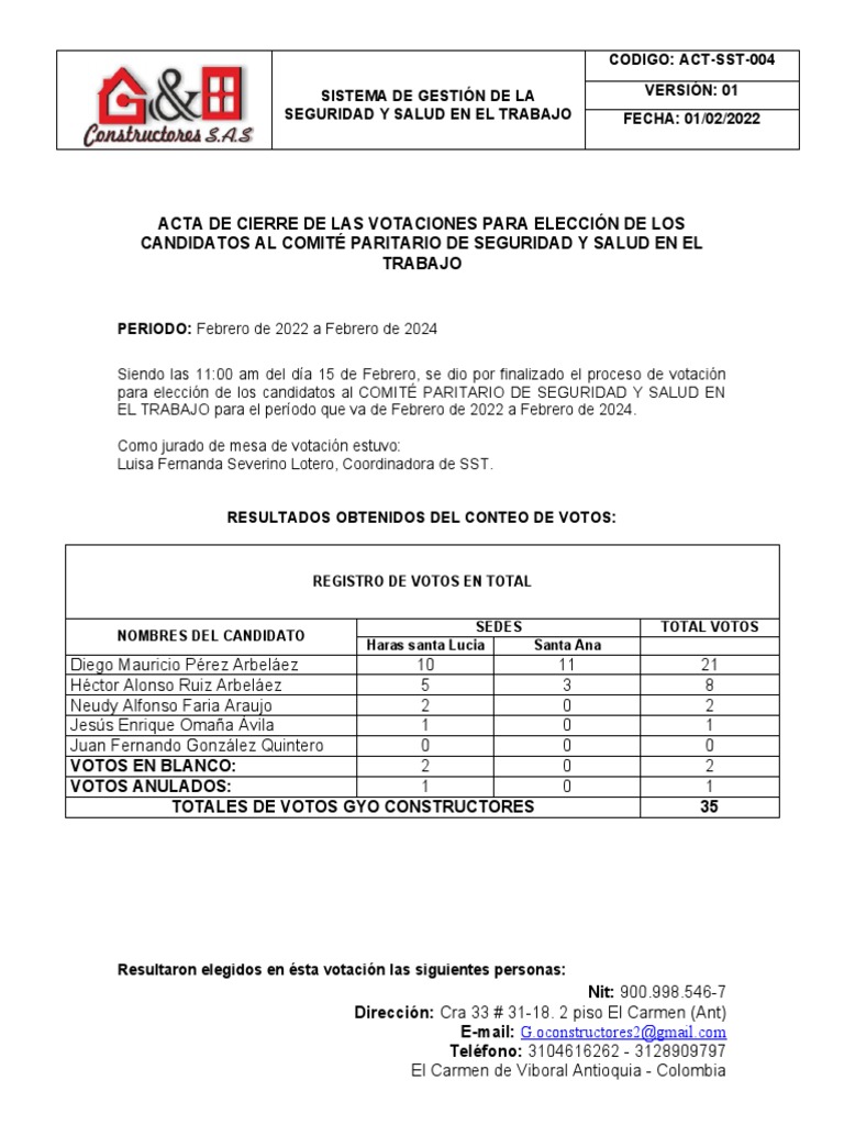Act-Sst-004 Acta Cierre de Votaciones para Eleccion Del Copasst | PDF