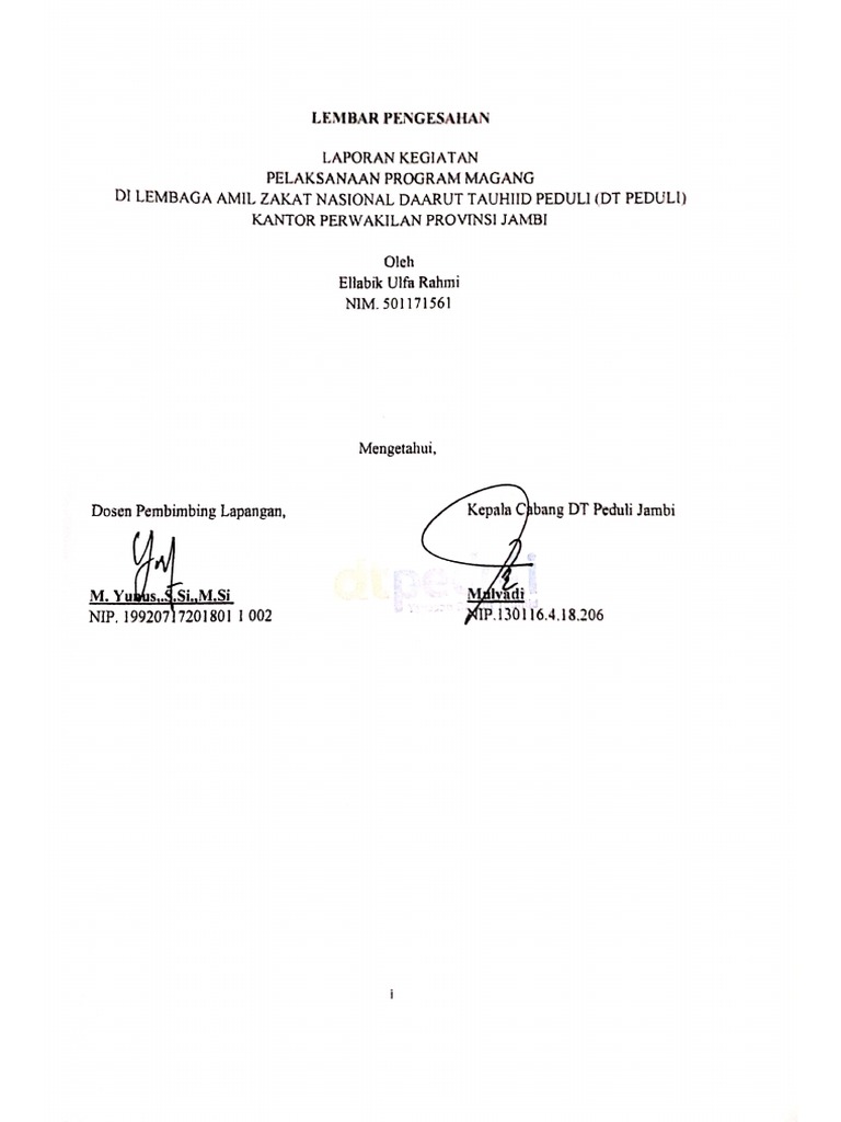 Lembar pengesahan laporan magang mahasiswa pdf